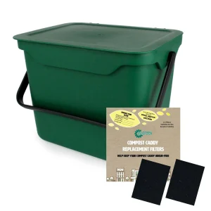 Green 5L Kitchen Compost Caddy/Food Recycling Waste Bin & Filter Pack